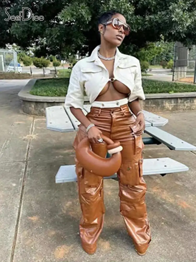 Soefdioo Pu Leather Multiple Pockets Wide Leg Cargo Pants Women Autumn 2023 Safari Streetwear Fashion Loose Straight Trousers
Soefdioo Pu Leather Multiple Pockets Wide Leg Cargo Pants Women Autumn 2023 Safari Streetwear Fashion Loose Straight Trousers