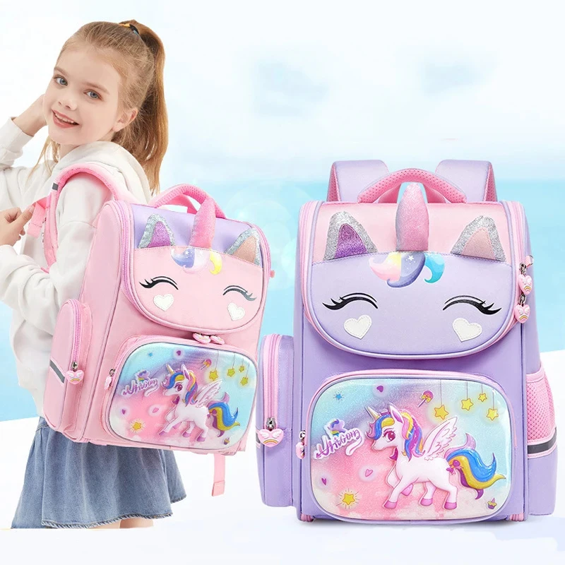 

1-5 Grade Primary School Students Backpack Girls Schoolbag 3D Cartoon Unicorn School Bag Children Cute Rainbow Mochila Escolar