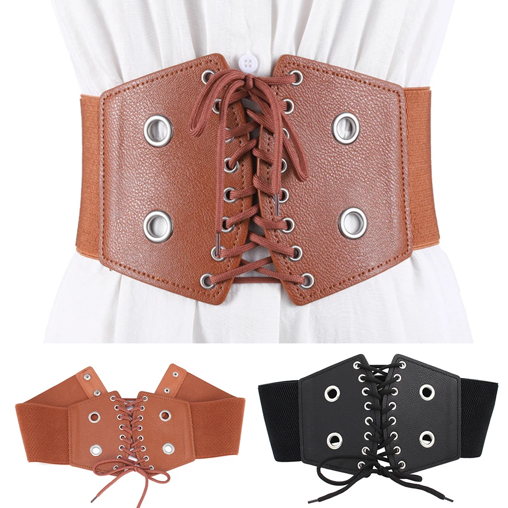 

Women Corset Wide Belts Pu Leather Slimming Body Shaping Girdle Lace-Up Waistbands Elastic Tight High Waist For Daily Wear