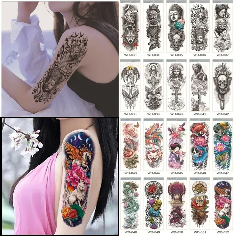 

Тату-наклейки на всю руку для женщин и мужчин, временные водонепроницаемые татуировки Лотос, волк, тигр, рукав, тату для ног