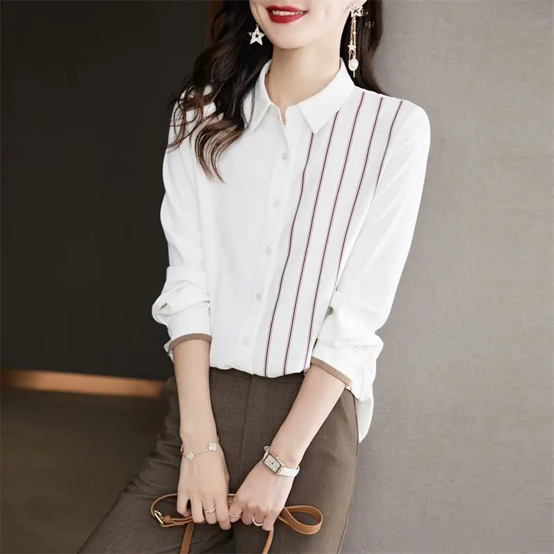 Spring Autumn Women's Clothing Turn-down Collar Striped Button Cardigan Lantern Long Sleeve Contrast Color Casual Shirt Tops 
Spring Autumn Women's Clothing Turn-down Collar Striped Button Cardigan Lantern Long Sleeve Contrast Color Casual Shirt Tops