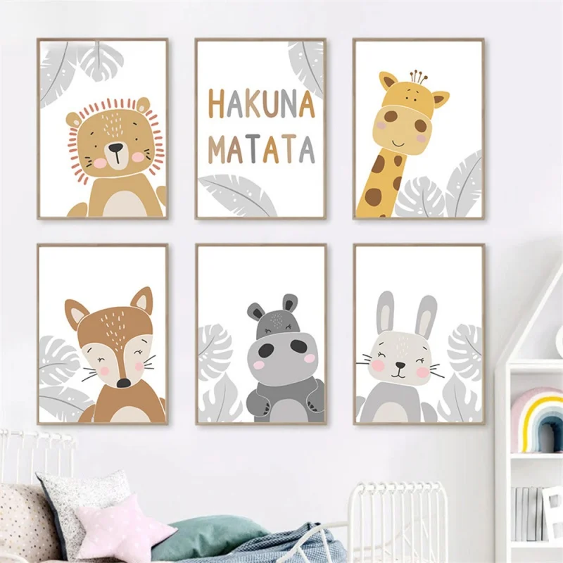 

Hakuna Matata Giraffe Hippo Rabbit Bear Fox Poster Canvas Print Kids Room Art Paintings Nordic Wall Pictures Baby Kids Room Dec