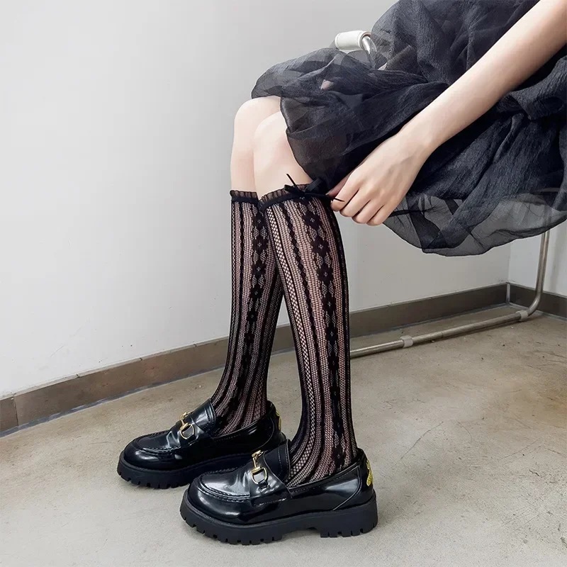 

Black Lolita Long Socks Stockings JK Cute Bowknot Ruffles Knee Socks Women Sexy Lace Mesh Fishnet Stockings Girls Japanese Style