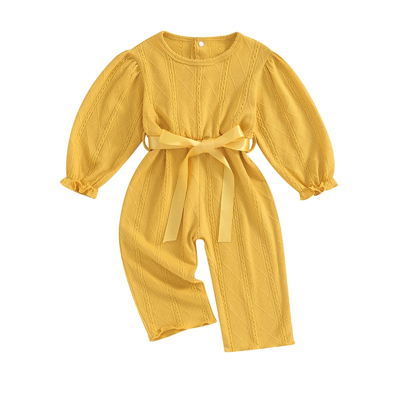 

Baby Girls Rompers Infant Clothes Solid Color Textured Crew Neck Long Sleeve Jumpsuits Fall Bodysuits with Belt