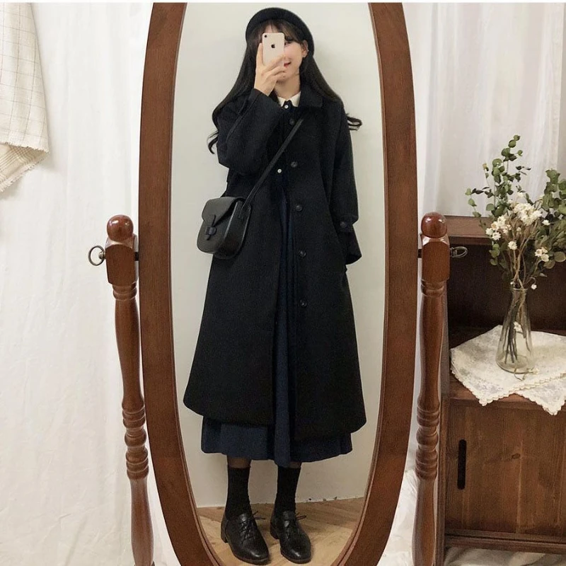 

Шерстяное пальто, Женское зимнее пальто средней длины, новое корейское модное Черное длинное пальто, утепленное Женское зимнее пальто, шерстяное пальто, парки