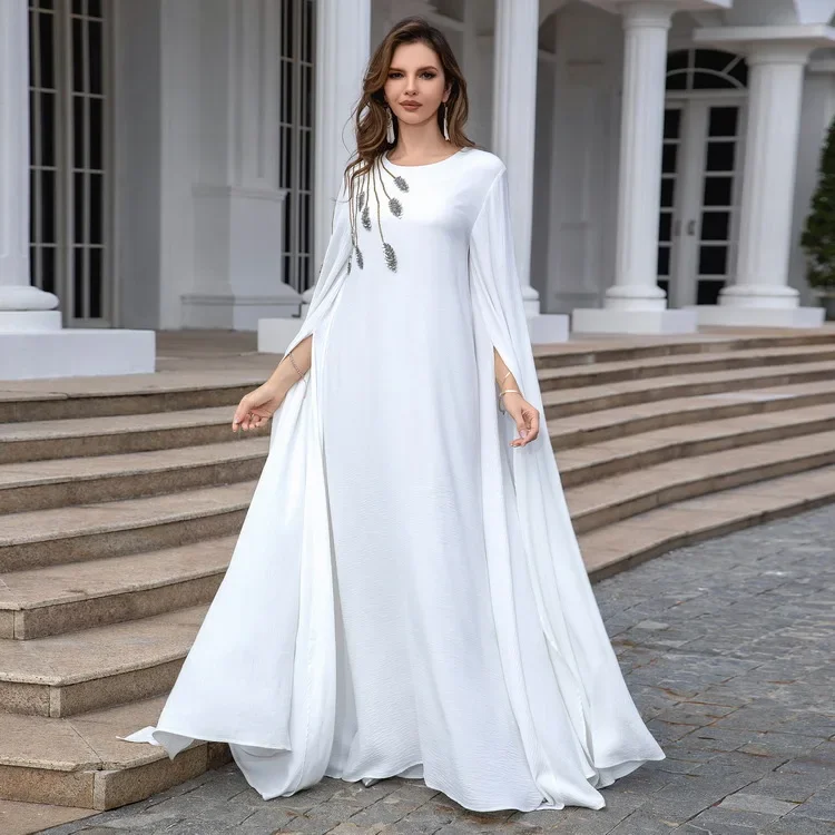 

Embroidered Evening Dress Muslim Women Abayas Solid A-line Maxi Dress Elegant Dubai Abayas Long Sleeve Party Robe De Soiree Luxe