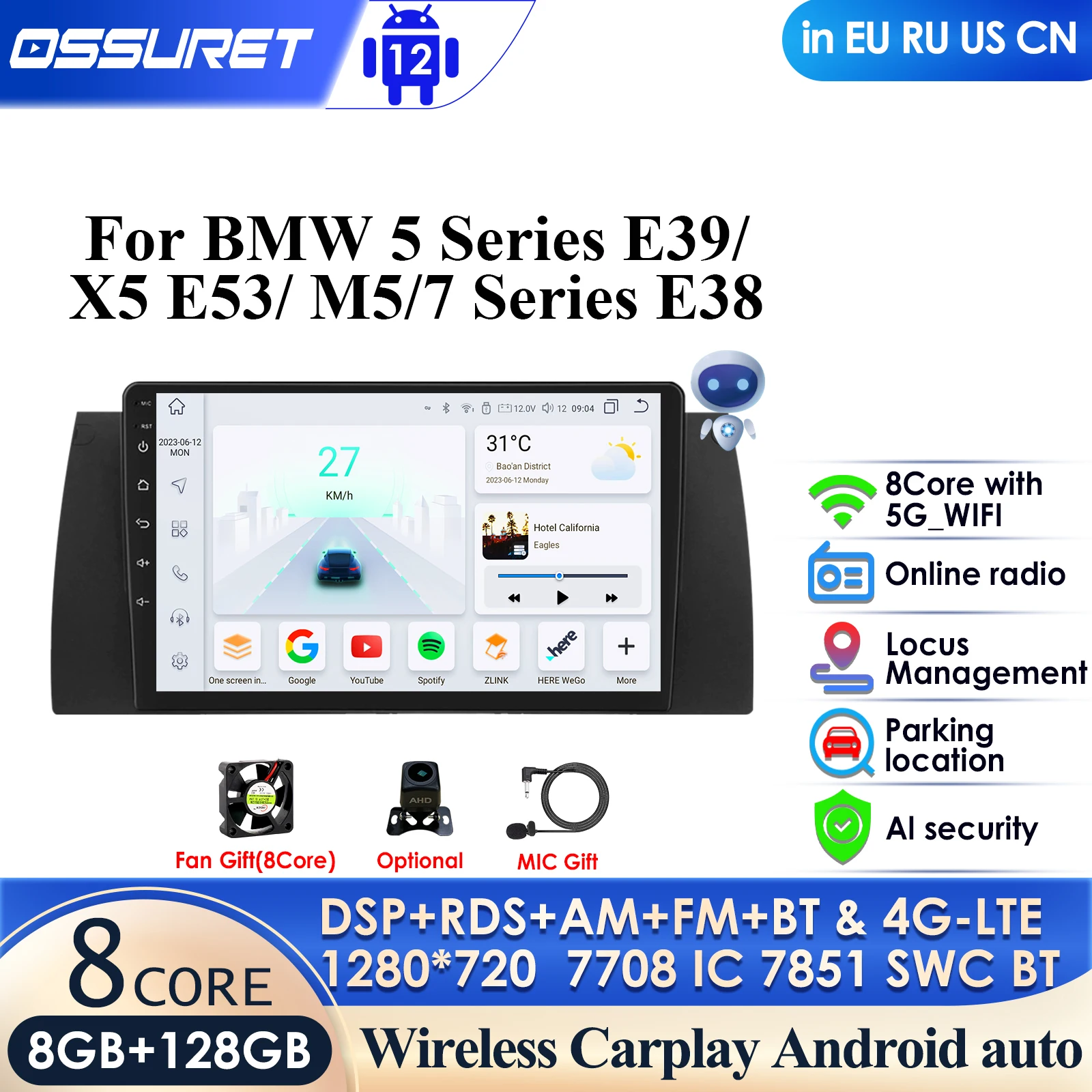 

Carplay 4G 9" 13.1'' 2 Din Android 13 Car Multimedia Player for BMW 5 X5 E53 E39 M5 1996-2003 Stereo GPS Navi 8Core AutoRadio