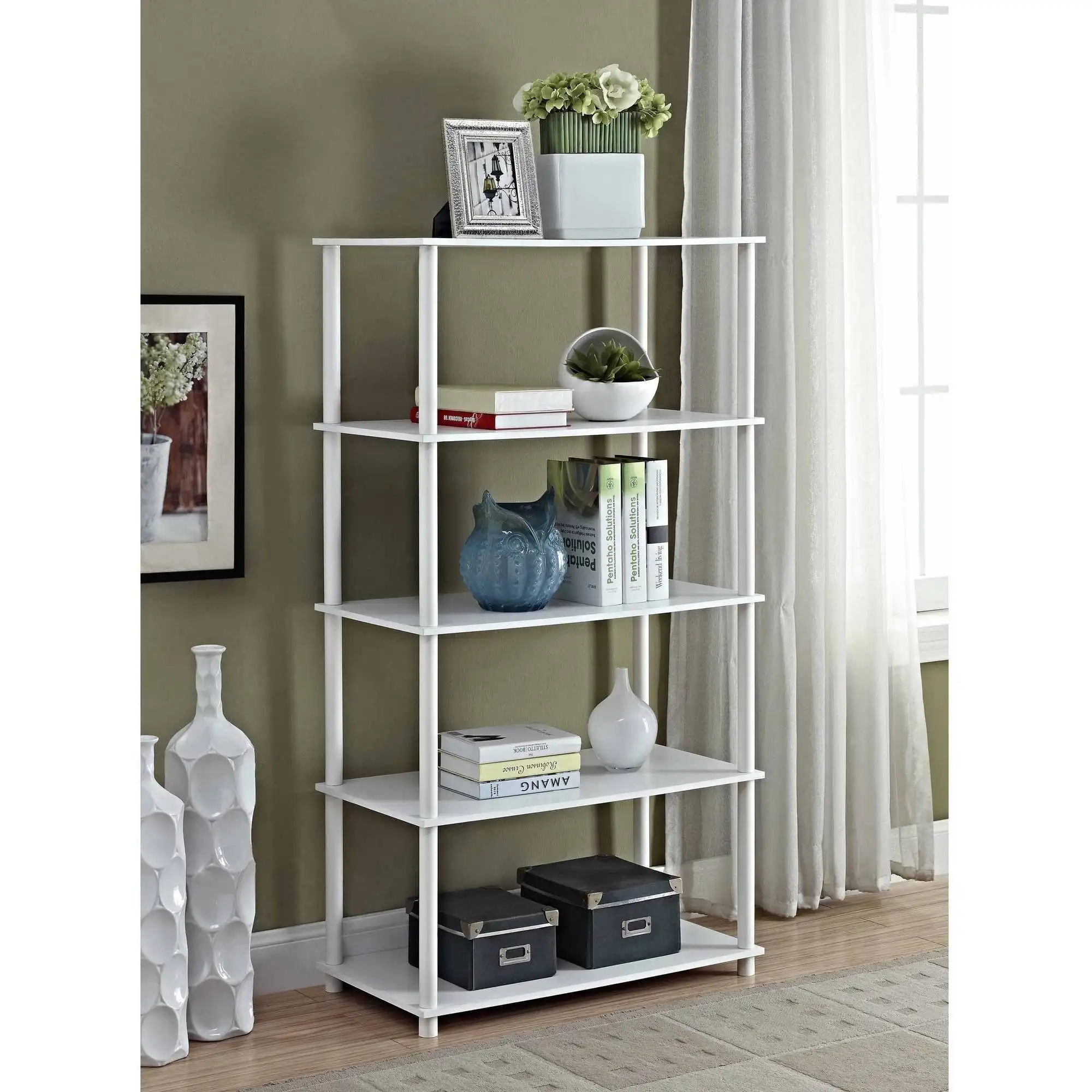 Mainstays No Tools 5-Shelf Storage Bookcase White white frame Easy to assemble Shelving system Sturdy storage unit
Mainstays No Tools 5-Shelf Storage Bookcase White white frame Easy to assemble Shelving system Sturdy storage unit