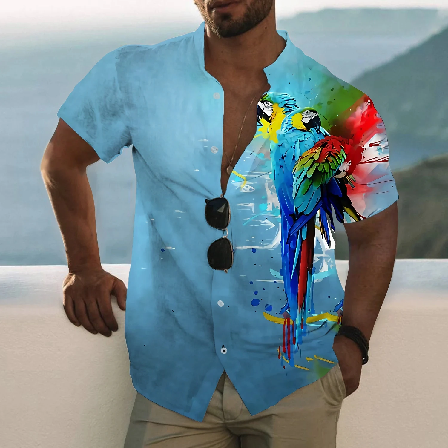 

3D Parrot Print Men's Social Shirt Hawaiian Beach Holiday Short Sleeve Lapel Oversized Tops Male Clothes Casual Camisa Masculina