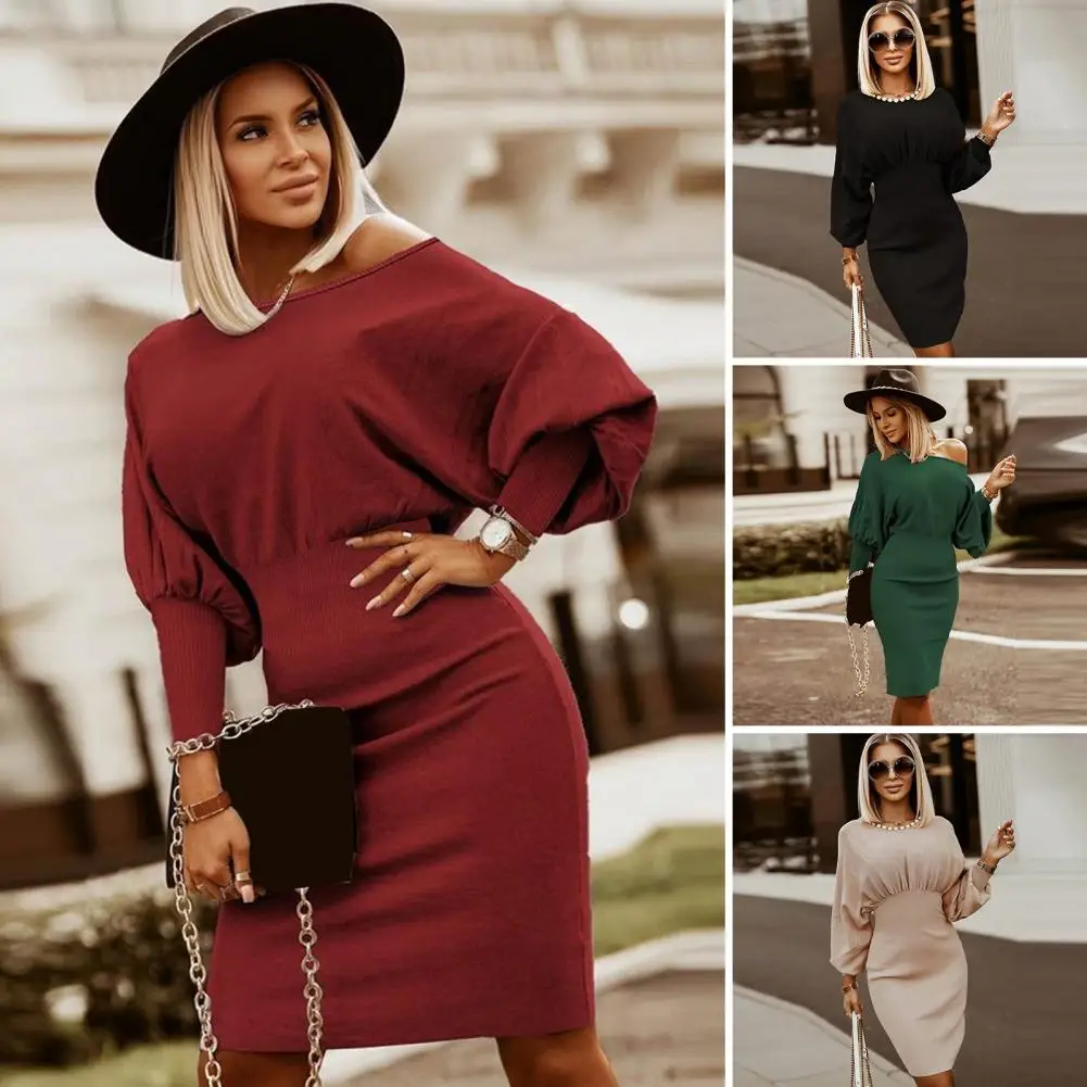 

Women Autumn Winter Knitting Sweater Dress O-Neck Batwing Long Sleeve Slim Bodycon Dress Solid Color Hip Wrapped Pullover Dress