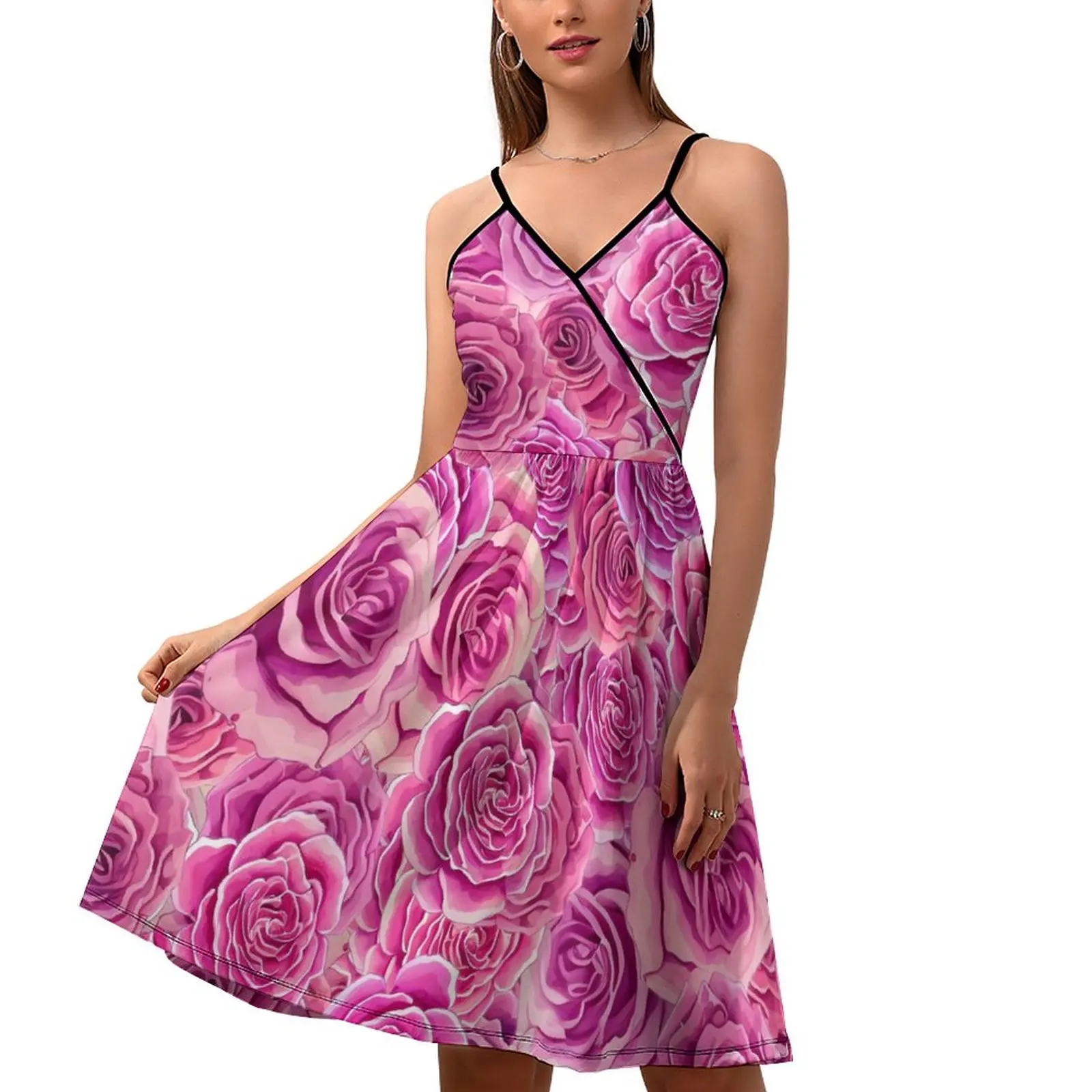 Roses Floral Casual Dress Holiday Spaghetti Strap Pink Flowers Print Street Style Dresses Women Cute Custom Vestido 
Roses Floral Casual Dress Holiday Spaghetti Strap Pink Flowers Print Street Style Dresses Women Cute Custom Vestido