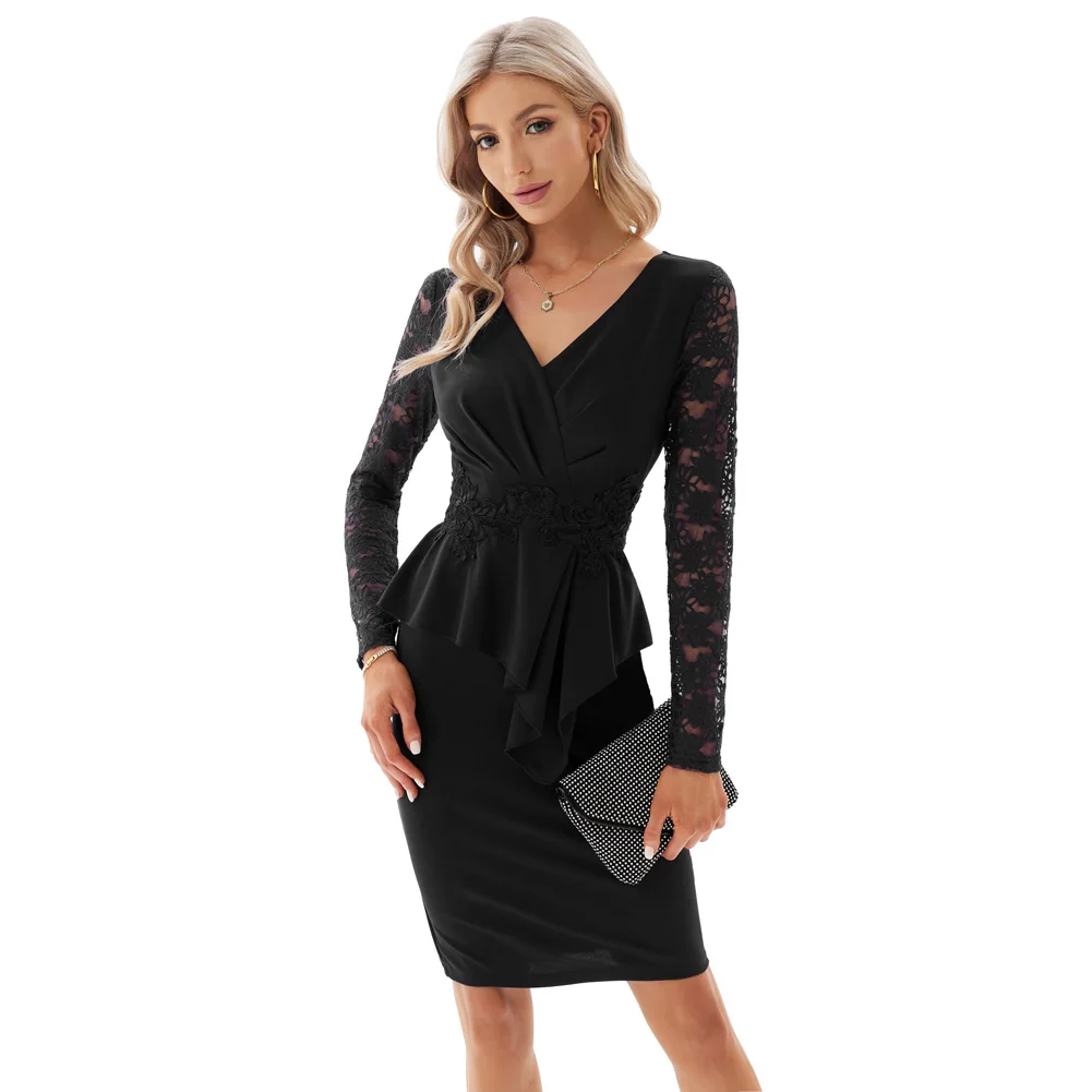 

GK Women Lace Long Sleeve Patchwork Dress OL V-Neck Knee Length Peplum Bodycon Dress Wear To Work Cocktail Pencil Dress A30