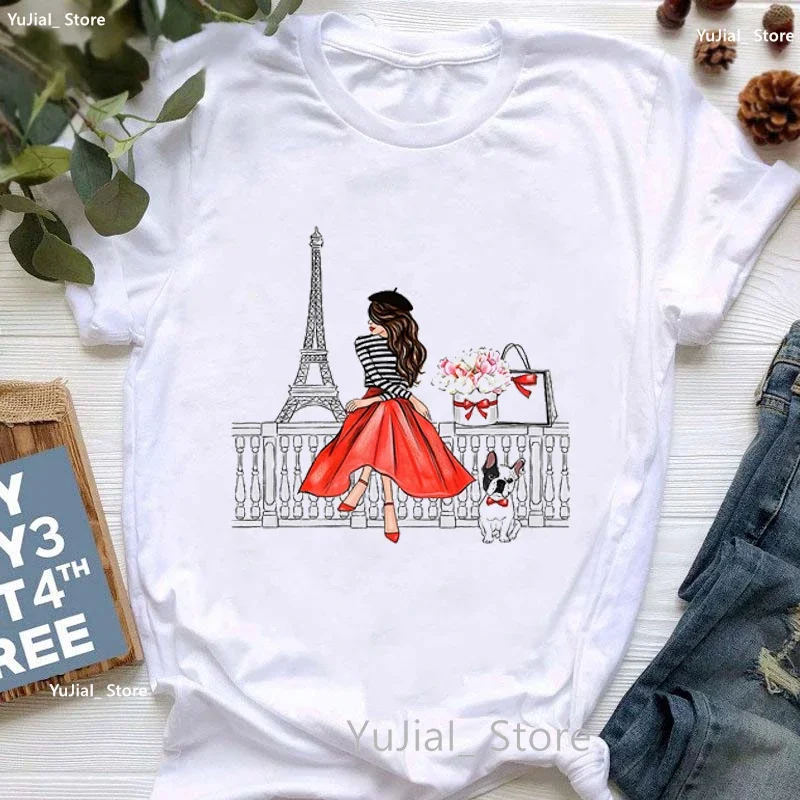 

Paris Eifel Tower Girl Love French Bulldog Print T Shirt Women Summer Fashion Short Sleeve Tshirt Femme Cute Casual Tee Shirt