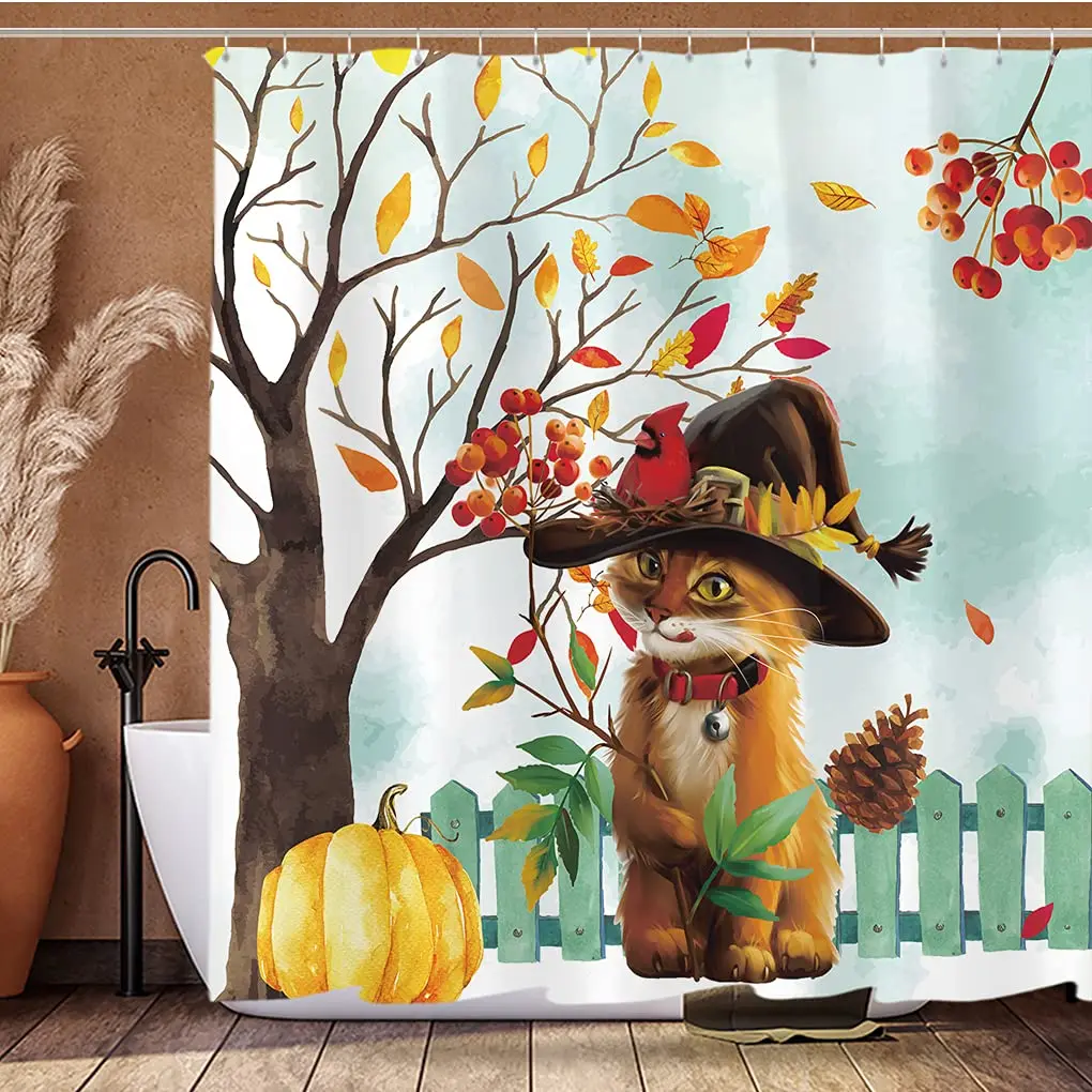 

Осенняя занавеска для душа с котенком, декор для ванной комнаты, Осенние занавески из полиэстера с котенком и тыквой из водонепроницаемой ткани для Хэллоуина, занавески для душа с крючками