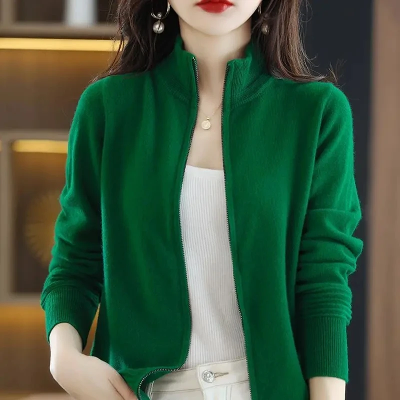 

Spring And Autumn Women Half High Collar Loose Fitting Knitting Cardigan Zipper Sweater Female Stand-up Collar Cardigans Sweater