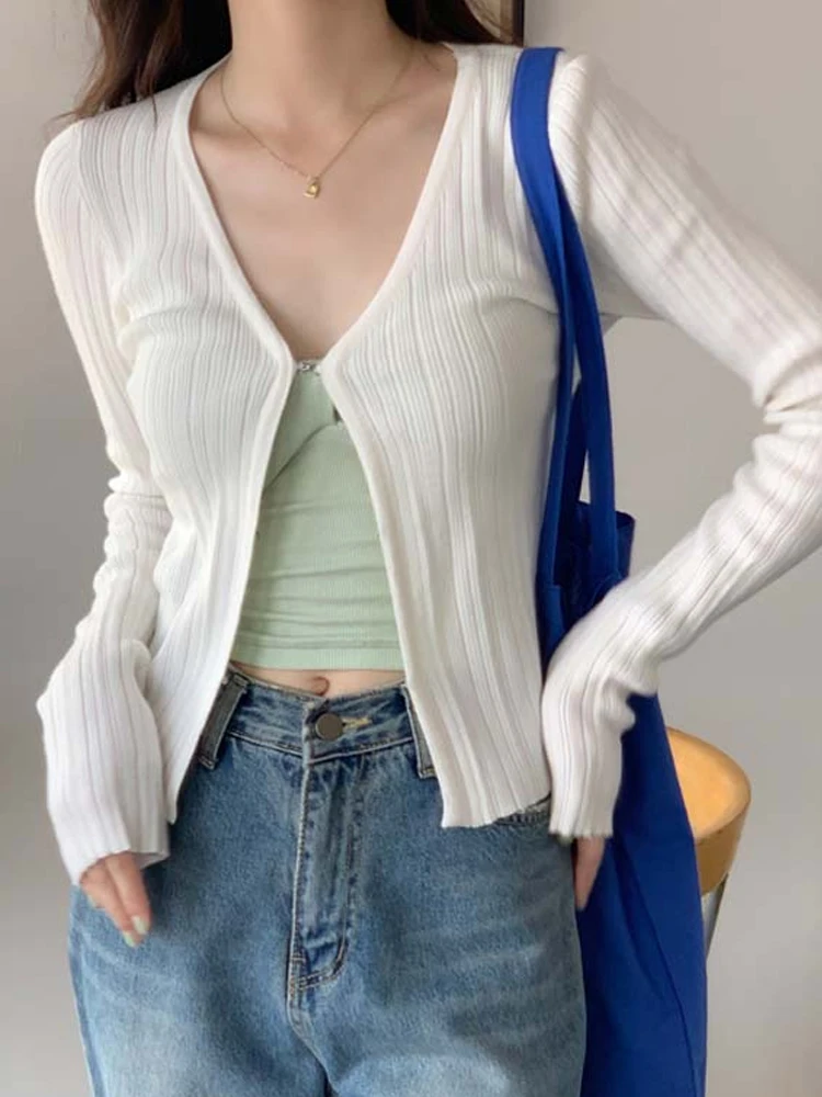 

2023 Women Cardigan Knitted Cropped Sweater Covered Spring V Neck Long Sleeve Tops Casual Solid Stretch Slim Cardigans 29214