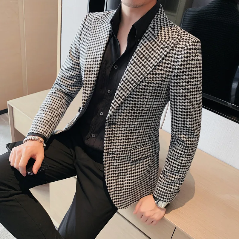 

British Spring Mens Classical Lattice Blazer 2024 Slim Casual Suit Jacket Business Social Wedding Dress Coat Streetwear Costume