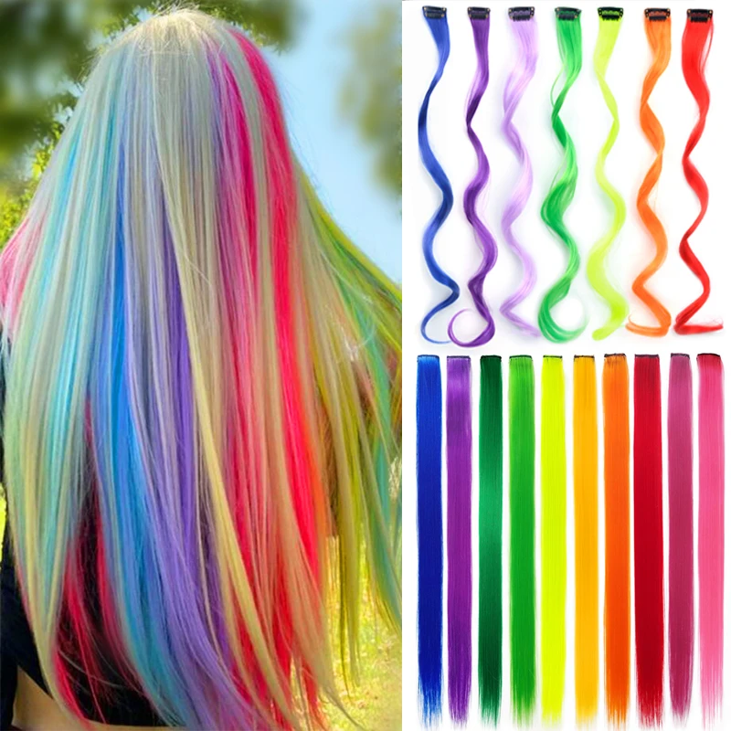 

20 Packs Synthetic Colorful Highlight Rainbow Hair Extensions Clip In One Piece 22Inch Long Straight False Hair Pieces For Women