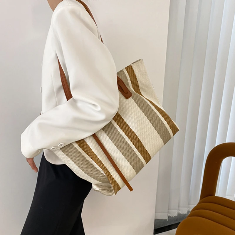 

Women's Shoulder Bag Korean Vertical Stripe Canvas Computer Storage Stool Portable Simple Fashion Casual Tote Bag Women Handbag