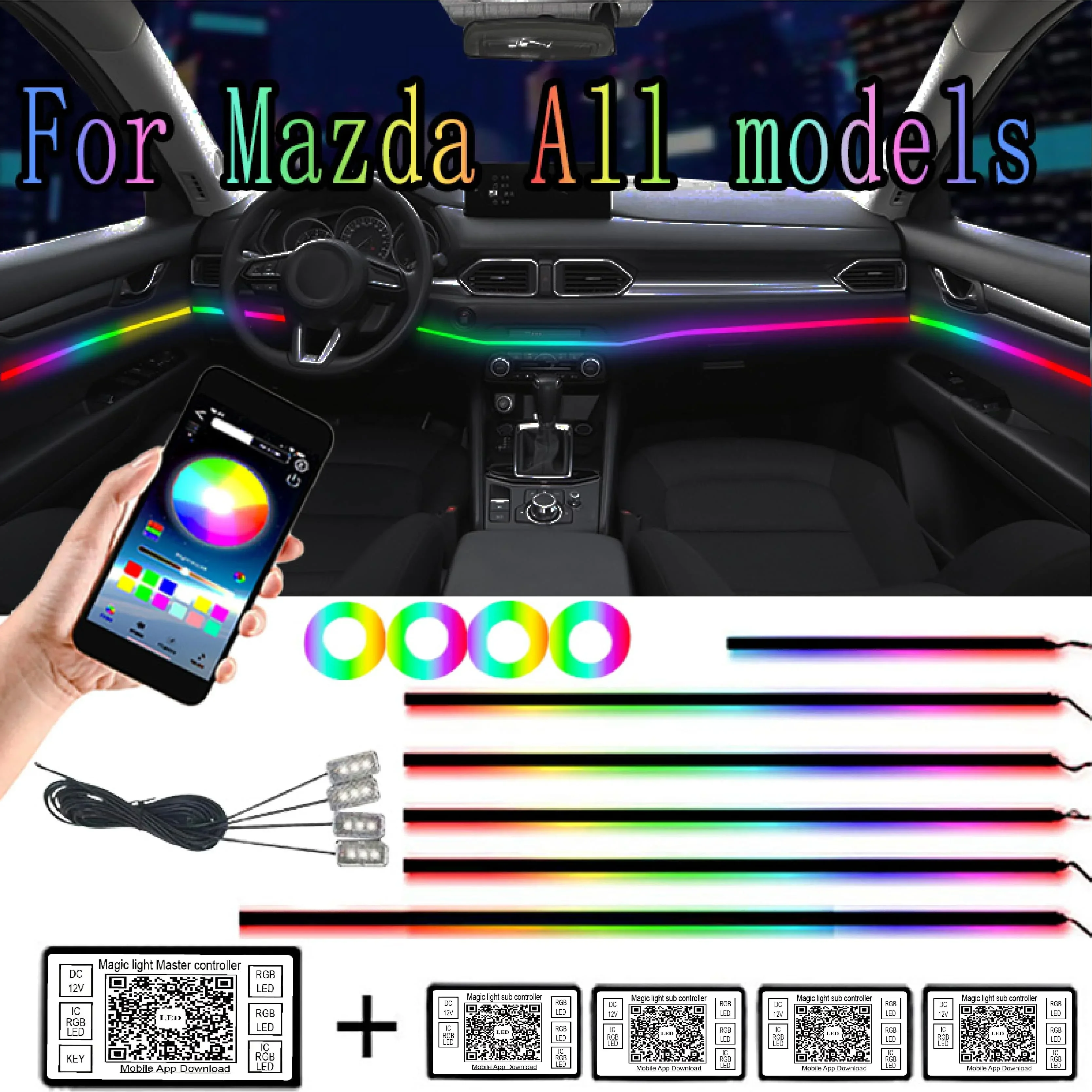 

For Mazda Car Atmosphere Interior LED Acrylic Guide Fiber Optic Universal 18 in1 64 Color RGB Symphony Decoration Ambient Light