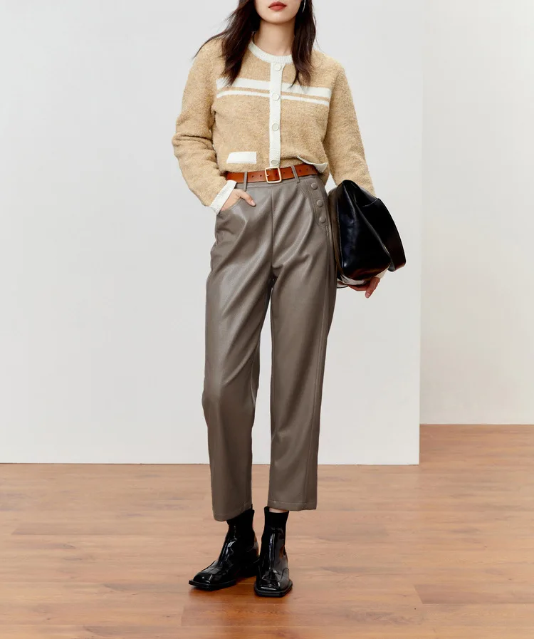 

2023 Women New First-layer Sheepskin Leather Pants, Retro High Waist Whole-piece Genuine Leather Pants E70