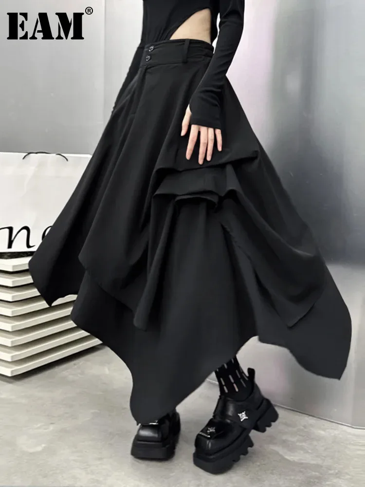 

[EAM] High Elastic Waist Black Irregular Pleated Long A-line Half-body Skirt Women Fashion Tide New Spring Autumn 2024 1DH4802