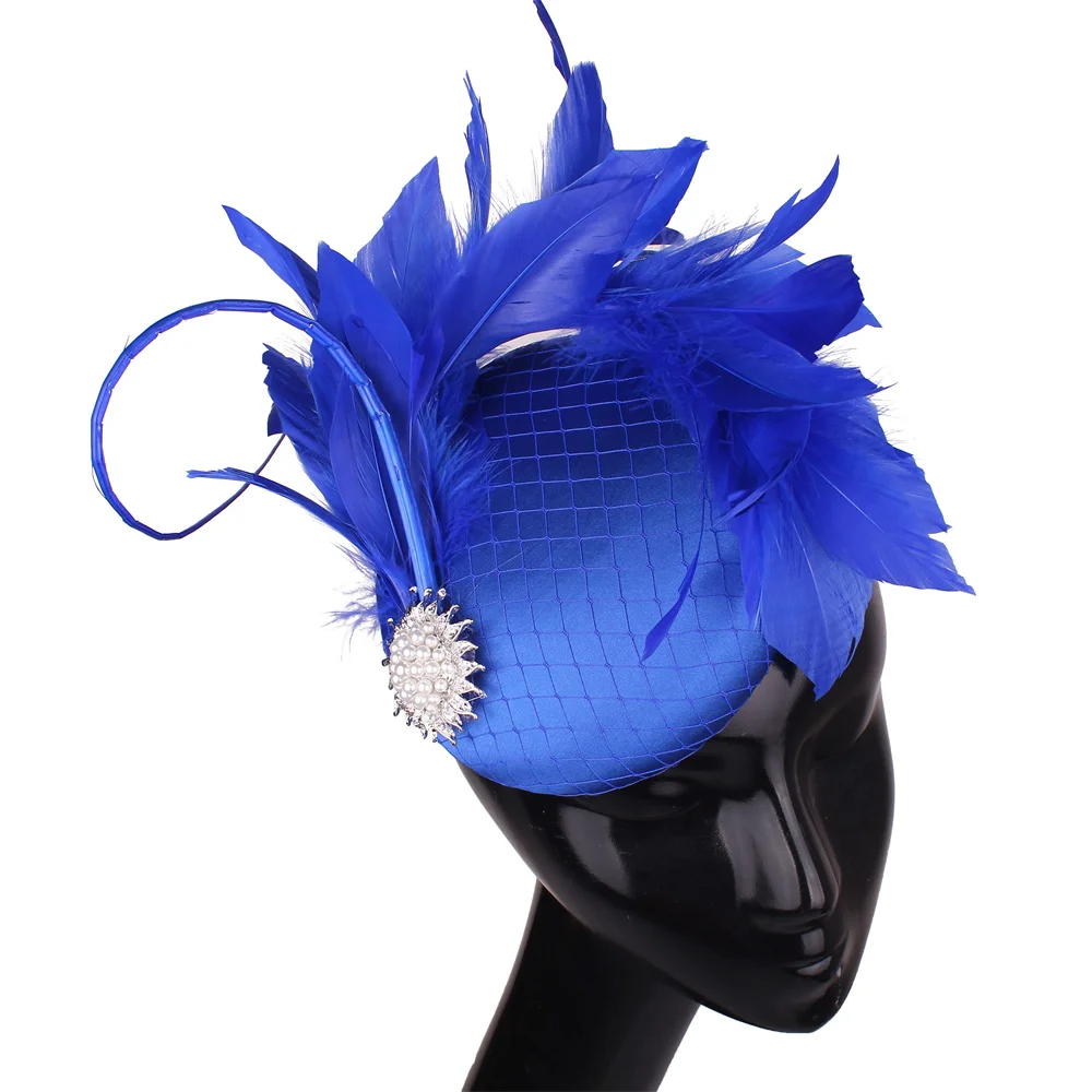 

Formal Royal Blue Party Headpieces Hair Fascinator Hat Elegant Women Evening Bridal Wedding Headpiece With Feathers Nice Quality