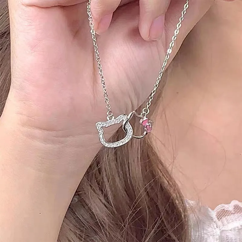 

Anime Kawaii Miniso Sanrio Helloktty Kt Cat Necklace Cute Double Ring Collar Chain Female Students A Birthday Gift for Girls