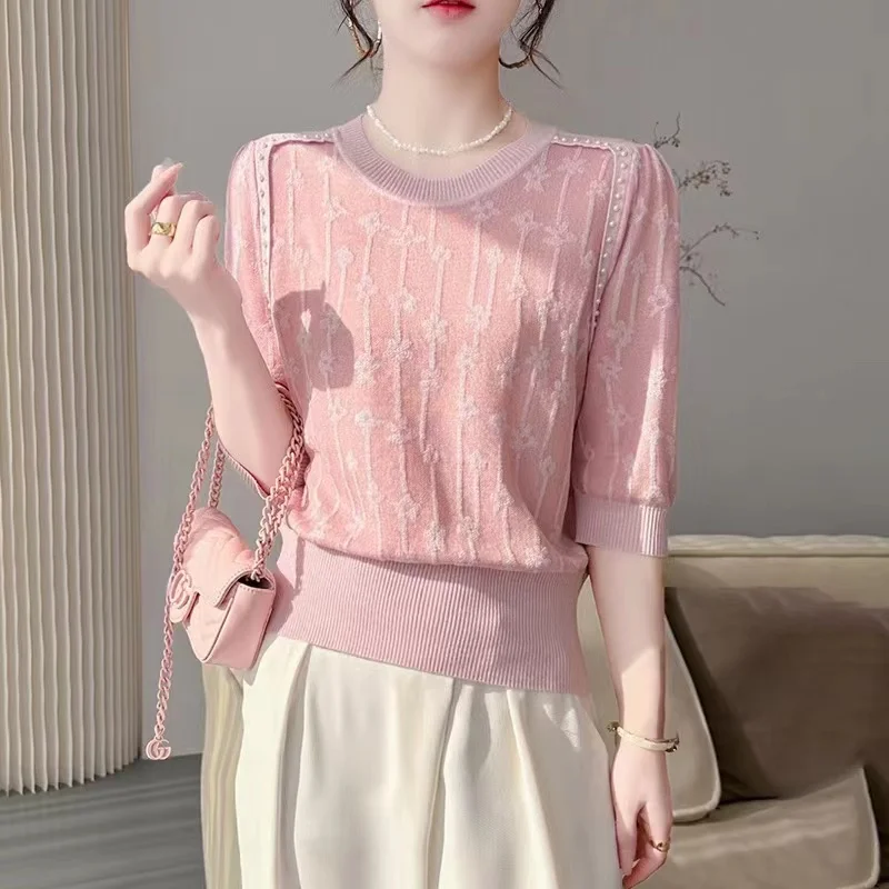 

2024Women's New Summer Fashion Elegant Round Neck Solid Color Jacquard Studded Bead Ice Silk Thin Short Sleeved Loose Knit Topss