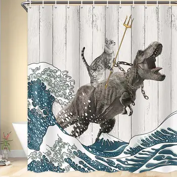 재미있는 동물 샤워 커튼, 멋진 고양이 승마 공룡, 일본 바다 파도 장식, 욕실 커튼, 어린이 소박한 나무 목욕 커튼