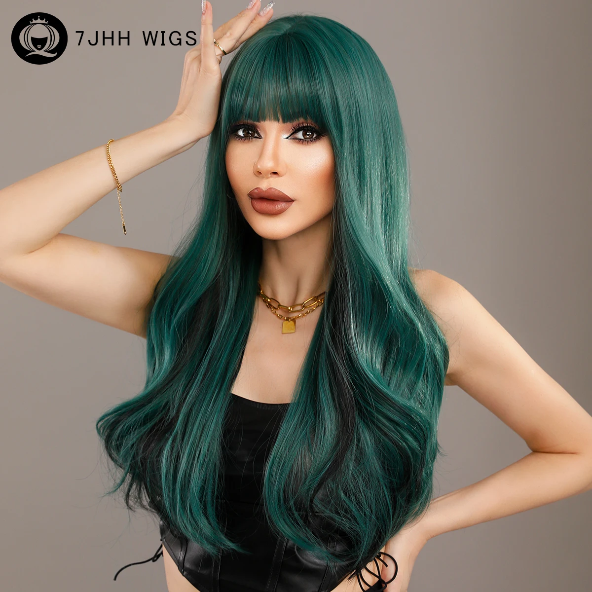 

7JHH WIGS Long Wavy Blackish Green Wig for Women Daily Party Synthetic Curly Wigs with Fluffy Bangs 24inch Wig Heat Resistant