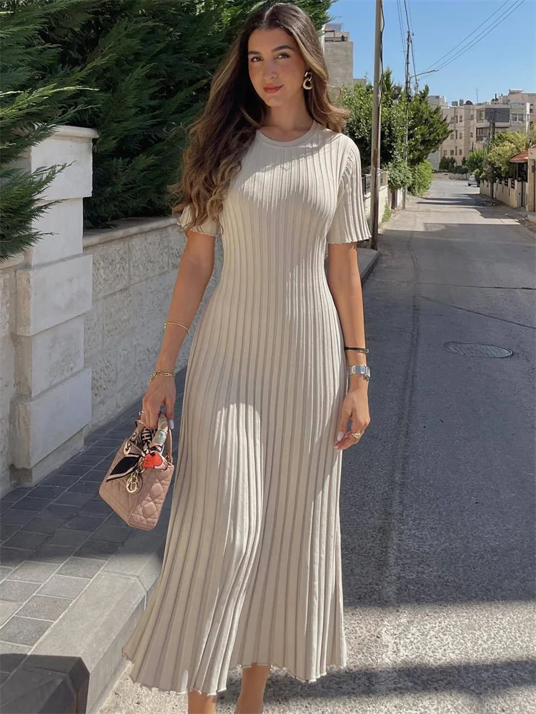 

Tossy Ribbed Short Sleeve Casual Maxi Dress Knitwear Lace-Up High Waist Solid Patchwork Dress Autumn 2023 Female Knit Dress New