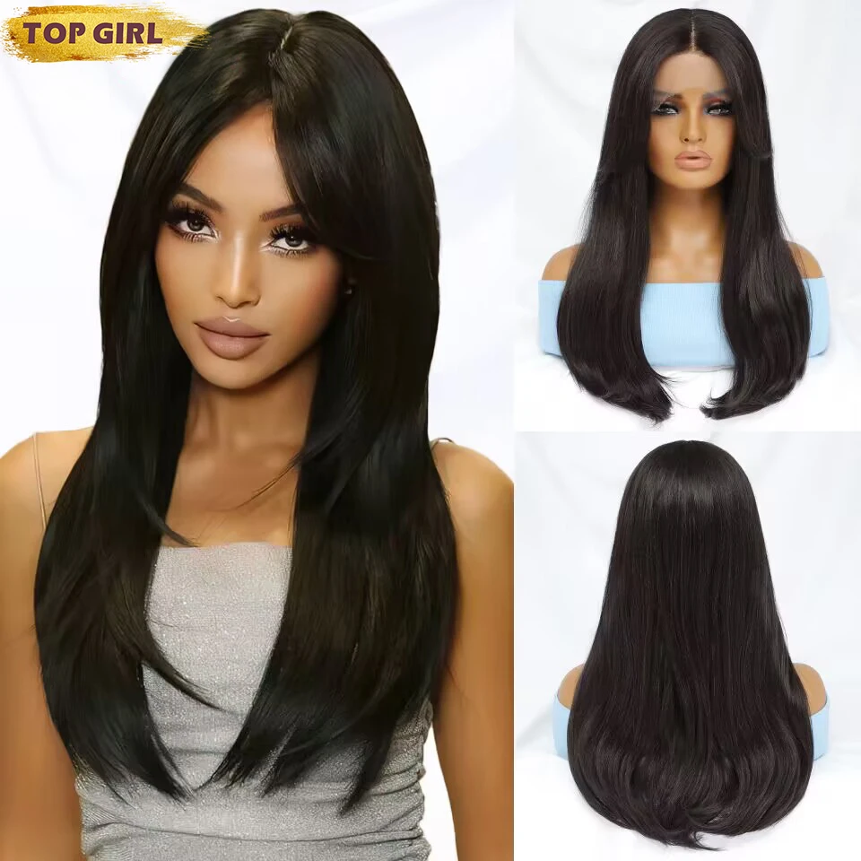 

Silky Straight Front Lace Wigs Synthetic Glueless Heat Resistant Fiber Hair Pre-Plucked Hairline High Density Wig For Afro women