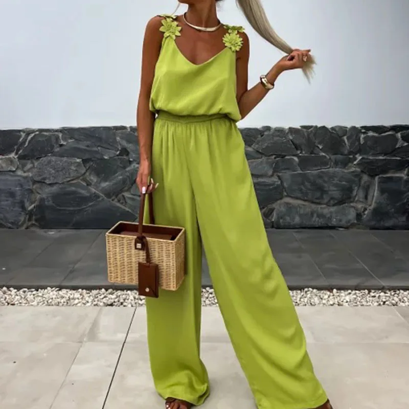 Комбинезон женский с открытой спиной, однотонный Свободный Повседневный длинный ромпер с V-образным вырезом, модные брюки с завышенной талией и широкими штанинами, лето 
Комбинезон женский с открытой спиной, однотонный Свободный Повседневный длинный ромпер с V-образным вырезом, модные брюки с завышенной талией и широкими штанинами, лето