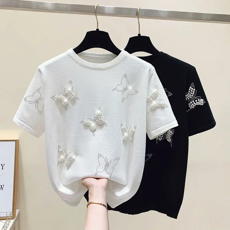 

2024 New Summer Butterfly Nail Bead Short Sleeve Knit Sweater Korean Fashion Thin Casual Jumper Women Knitwear