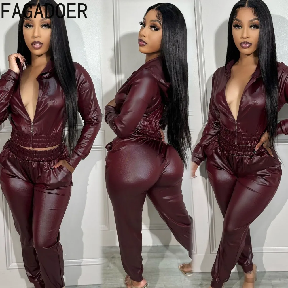 

FAGADOER Fashion Zipper Hooded Long Sleeve Crop Top + Jogger Pants Two Piece Sets Casual Solid Color Matching Sporty 2pcs Outfit