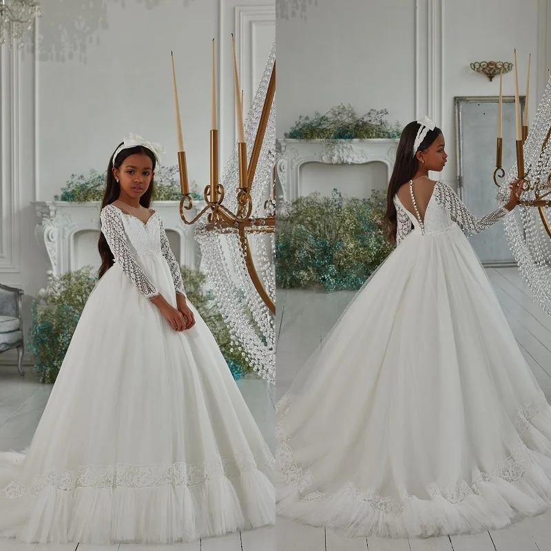 2022 Flower Girl Dresses for Weddings Lace Long Sleeves Buttons Back Communion Party Wear Tulle Princess Bridal Gowns
2022 Flower Girl Dresses for Weddings Lace Long Sleeves Buttons Back Communion Party Wear Tulle Princess Bridal Gowns