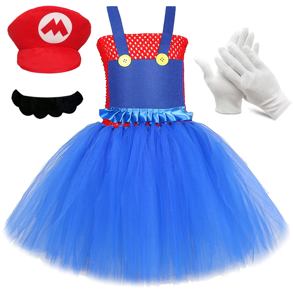 

Super Bros Costumes for Girls Birthday Halloween Outft for Kids Cartoon Character Tutu Dress with Hat Beard Anime Game Clothes