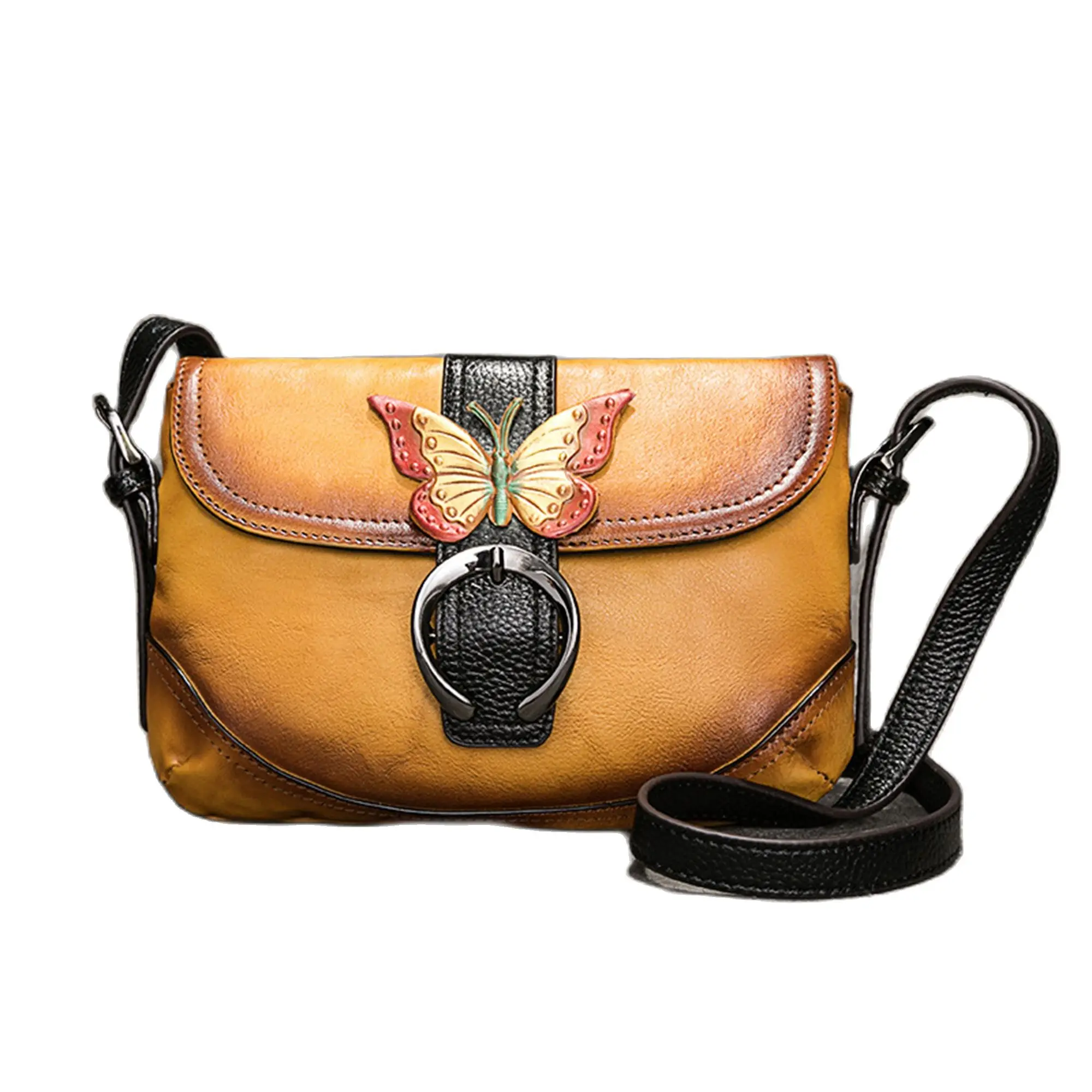 

Women Retro Genuine Leather Handbag High Quality Vintage Corssbody Messenger Bag Cow Leather Purse Bag with Butterfly Accessorie