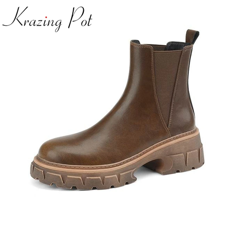 

Krazing Pot Cow Leather Thick Heels Round Toe Winter Warm Chelsea Boots British Platform Mature Lady Vintage Casual Ankle Boots