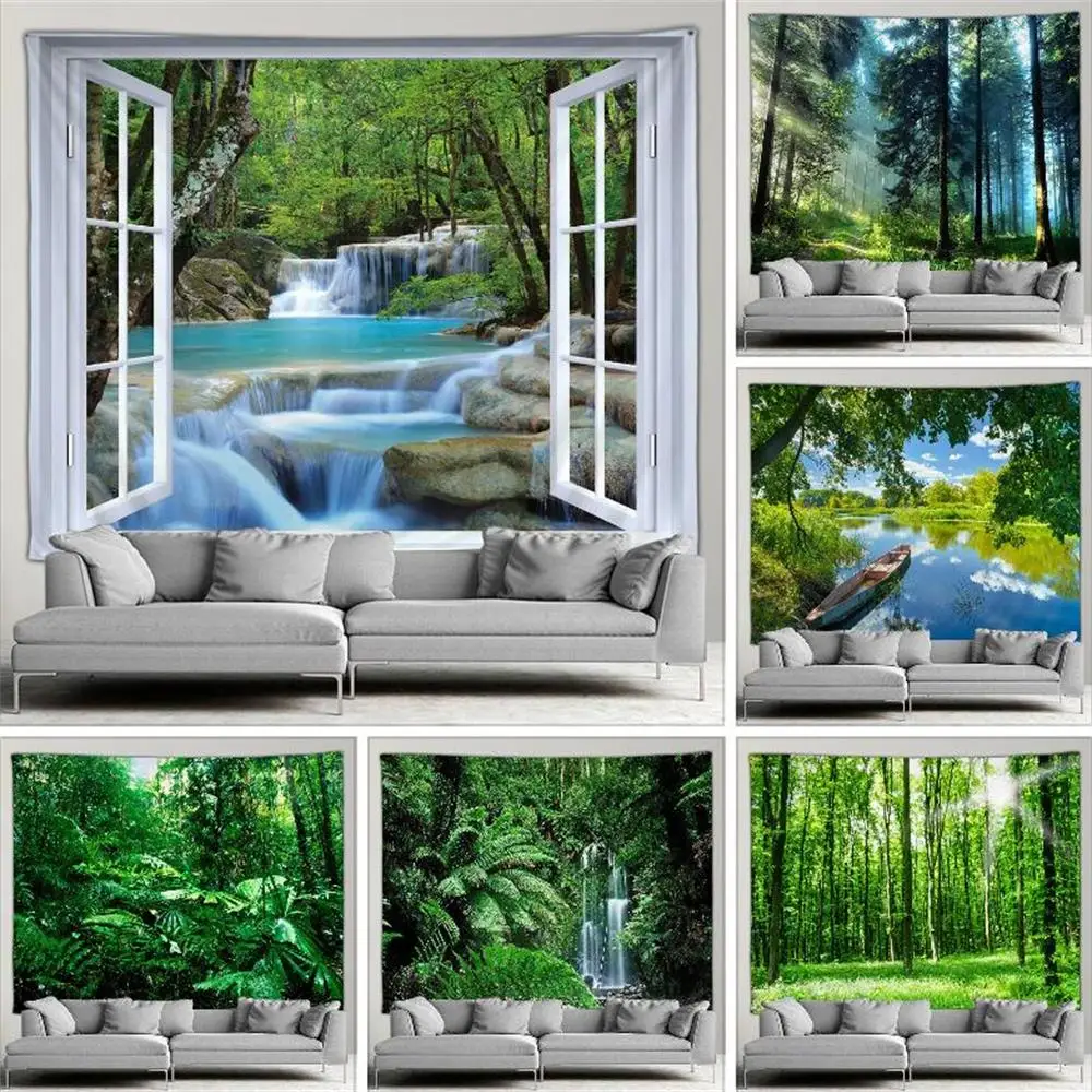 

Forest Waterfall Landscape Tapestry Outdoor Garden Poster Nature Tropical Greenery Simple Modern Style Wall Hanging Wall Screen