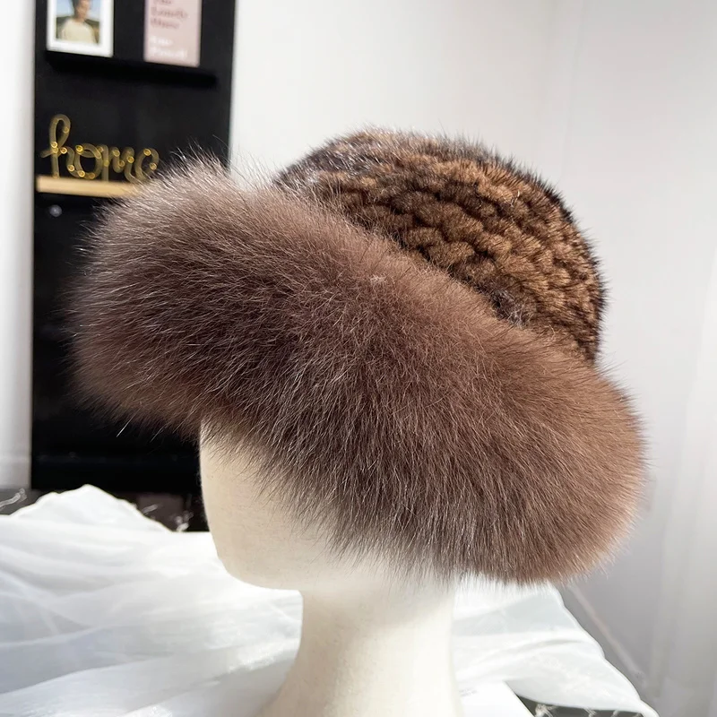 

New Women Winter Bomber Hat Natural Mink Fur With Fox Fur Hat Girls Quality Soft 100% Genuine Mink Fur Hats Vertical Woven Top