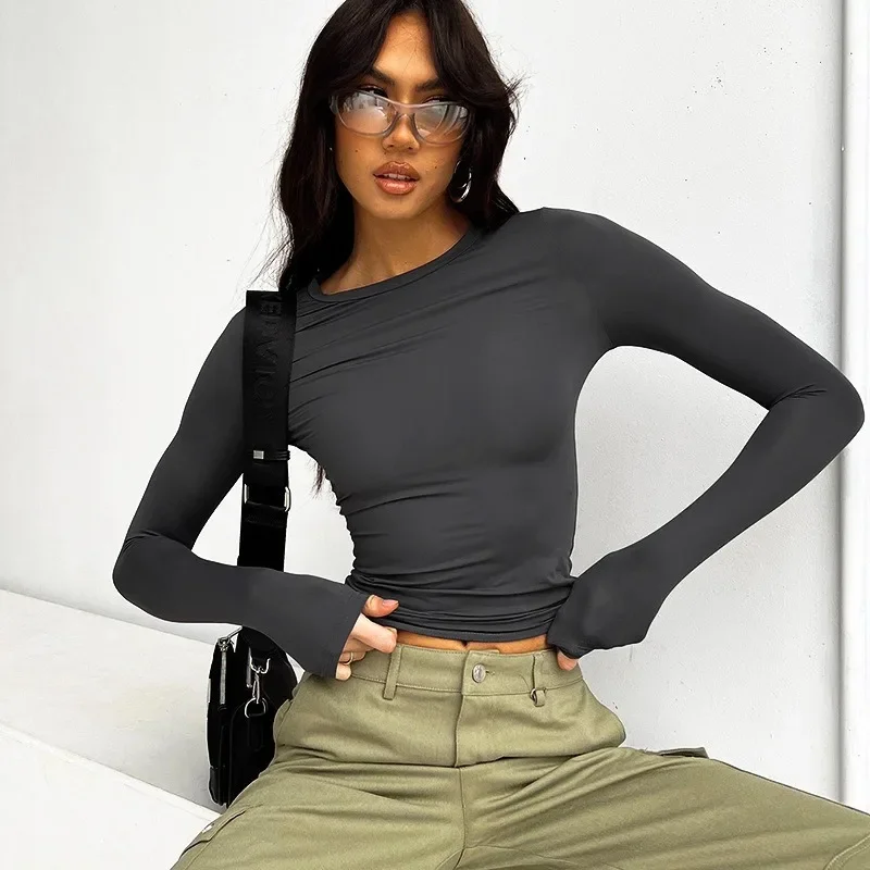 

Европейская и американская новинка Весна 2024 Женская однотонная Облегающая рубашка с круглым вырезом футболка с длинным рукавом женский топ