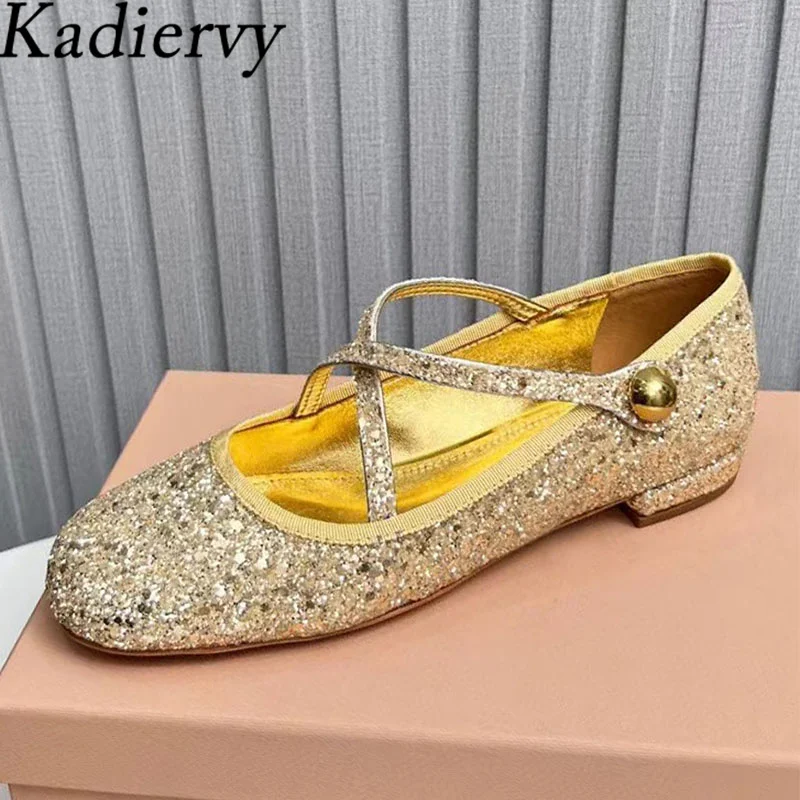 

New Sequined Ballet Flats Shoes Woman Round Toe Buckle Strap Mary Janes Shoes Female Gold Silver Bling Prom Party Shoes Women