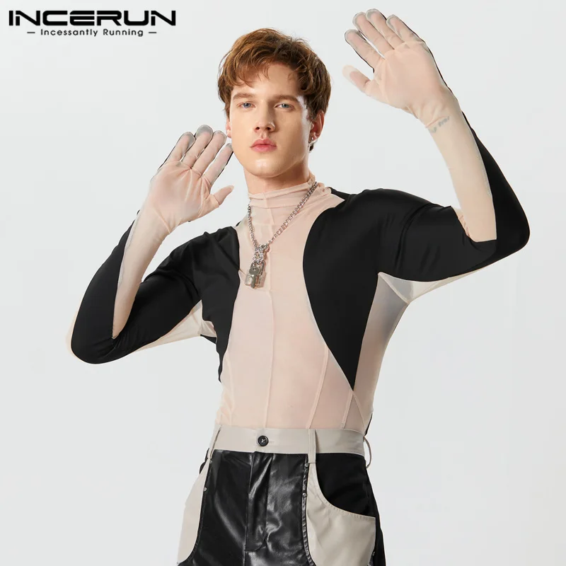 

INCERUN 2023 Sexy Stylish Style Men's Jumpsuit Casual See-through Mesh Rompers Male Splice Contrast Thimble Thin Bodysuit S-5XL