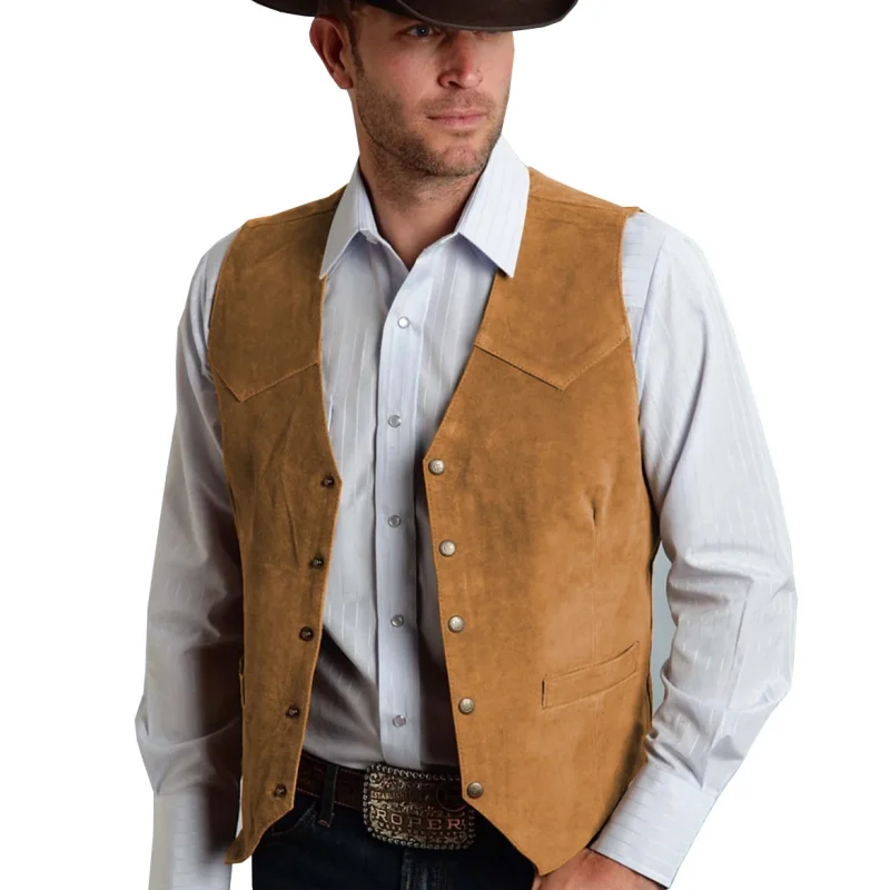 

Men Vest Gold Suede Leather Gentleman Business Waistcoat Vintage Western Cowboy Regular Slim Business Banquet Men Suit Vest