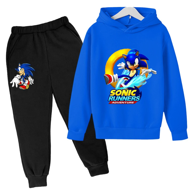 

Kids Sonic Sweatshirts Sets Fashion Boys Girls Long Sleeve Hooded Tops Trousers Spring Autumn Loose Sport Costume 4-14 Years Old