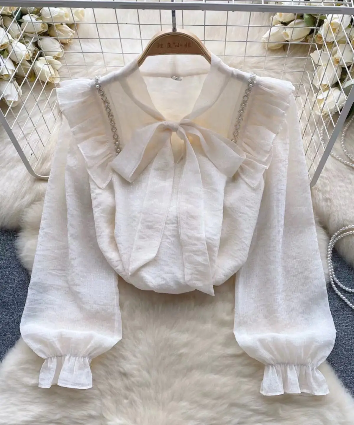 

Korean Luxury Beaded Bubble Sleeve Shirt Blouse Women's Autumn and Winter Bow Tie Ruffles Sweetheart Top