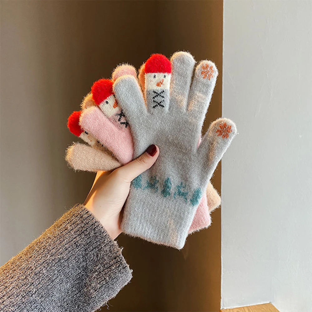 

Шерстяные перчатки с вышивкой снеговика, женские зимние теплые перчатки, мягкие пушистые варежки с пальцами для сенсорного экрана, рождественские подарки