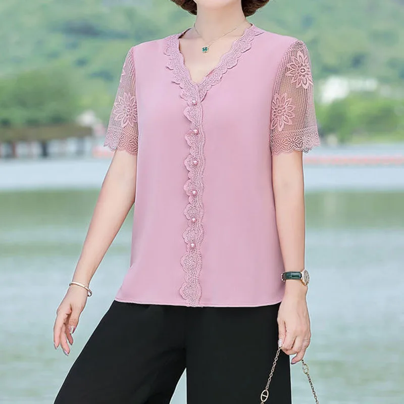 Womens Clothing Stylish Elegant Lace Spliced V-Neck Chiffon Tops 2023 Summer Female Commute Short Sleeve All-match T-shirt
Womens Clothing Stylish Elegant Lace Spliced V-Neck Chiffon Tops 2023 Summer Female Commute Short Sleeve All-match T-shirt